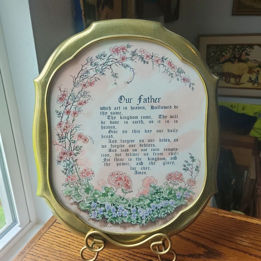 Vtg 80s Home Interiors HomeCo Gold Metal Frame Wall Plaque "Lords Prayer" Scallo